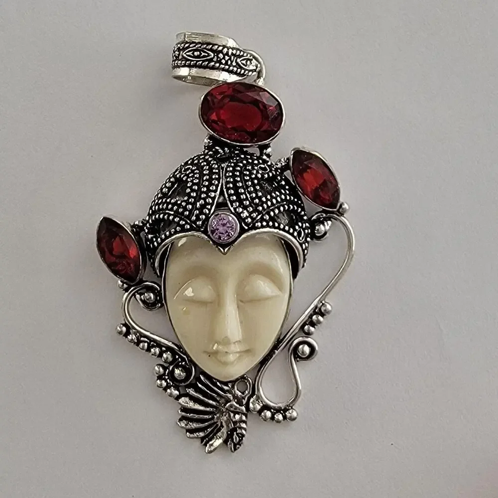 Womens Watch White Dial Sterling Silver Case Gemmed Ornate Filigree Red Stones